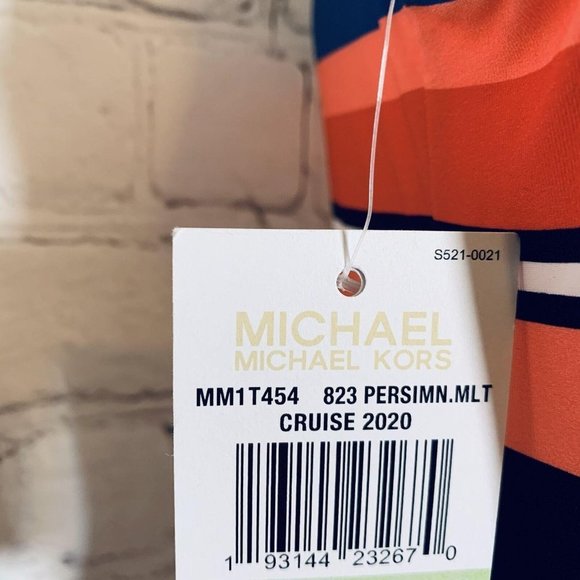 ☀️Michael Kors Striped Chain-Ring One-Piece Swimsuit Persimmon Multi Size 4 NWT - Picture 5 of 8